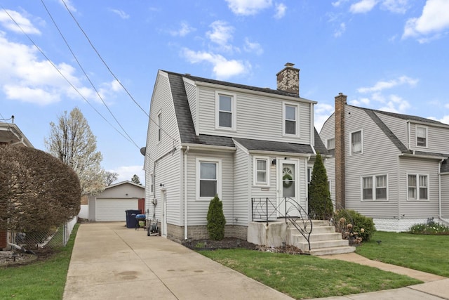 3043 W 96th Pl, Evergreen Park, IL 60805 - colonial inspired home with an outdoor structure, a detached garage, a front yard, a chimney, and a shingled roof