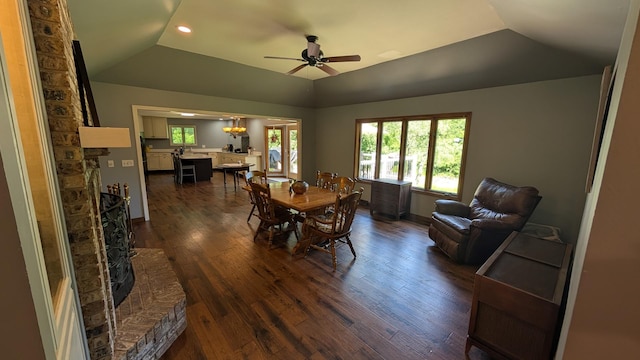 5N119 Mary Ct, Saint Charles, IL 60175 - dining space with recessed lighting, dark wood-style floors, vaulted ceiling, and a ceiling fan