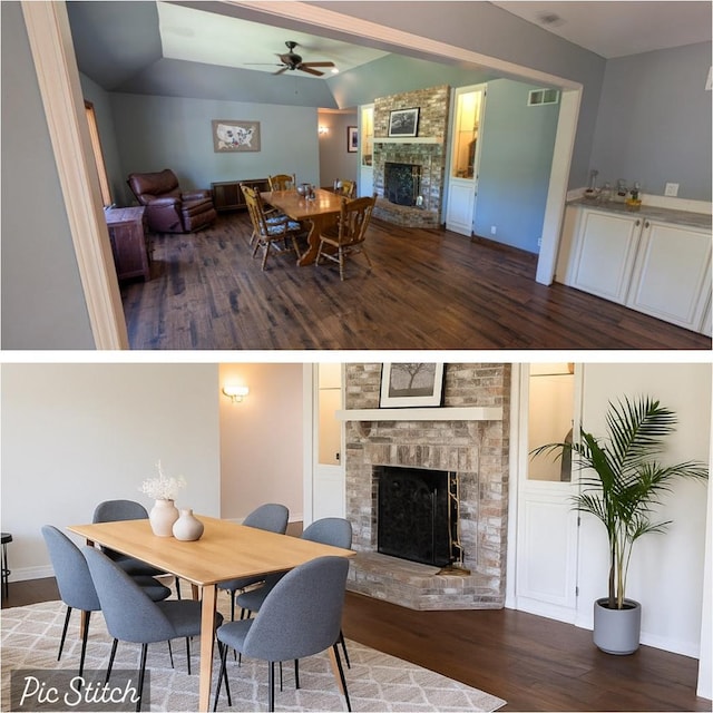 5N119 Mary Ct, Saint Charles, IL 60175 - dining area featuring a fireplace, wood finished floors, and a ceiling fan