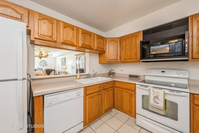 1295 N Sterling Ave Unit 211, Palatine, IL 60067 - kitchen with white appliances, light countertops, light tile patterned floors, brown cabinets, and a chandelier