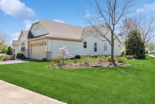4120 Idlewild Ln, Naperville, IL 60564 - view of home's exterior with asphalt driveway, a yard, an attached garage, roof with shingles, and stone siding