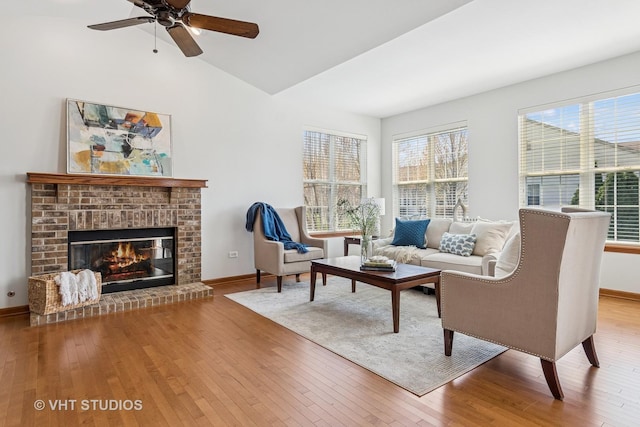 4120 Idlewild Ln, Naperville, IL 60564 - living area with wood finished floors, a fireplace, ceiling fan, and vaulted ceiling