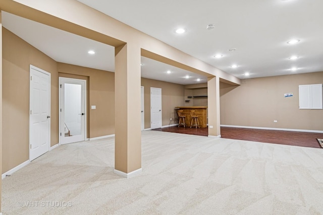4120 Idlewild Ln, Naperville, IL 60564 - finished below grade area with carpet flooring, bar, and recessed lighting