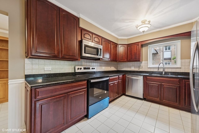 340 Claymoor Rd Unit 2B, Hinsdale, IL 60521 - kitchen with appliances with stainless steel finishes, dark brown cabinets, crown molding, light tile patterned floors, and backsplash