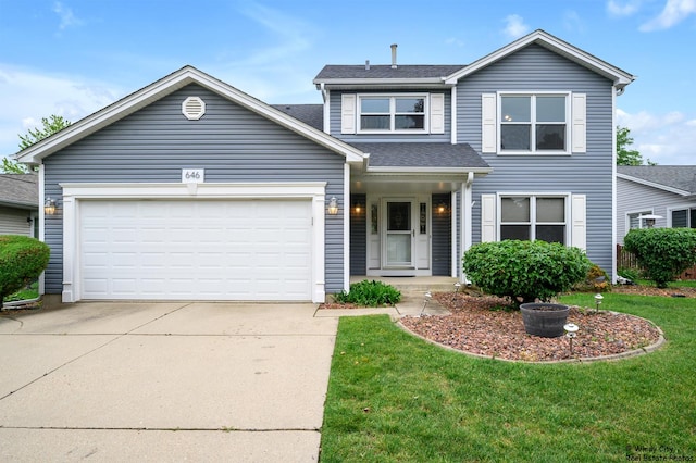 646 Schooner Ln, Elk Grove Village, IL 60007 - traditional-style house featuring driveway, roof with shingles, an attached garage, and a front lawn