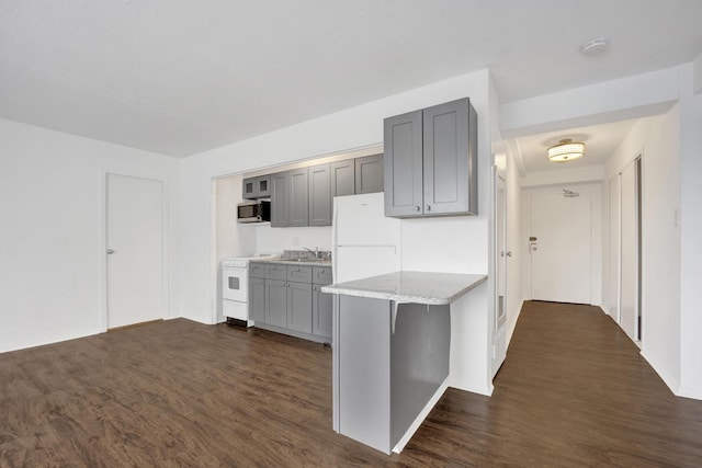 3100 N Lake Shore Dr Unit 413, Chicago, IL 60657 - kitchen featuring white appliances, gray cabinets, dark wood finished floors, and light stone countertops