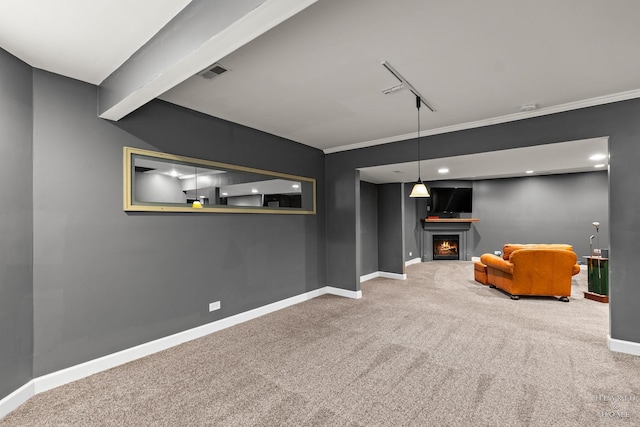 10405 Kenilworth Ave, Algonquin, IL 60102 - living room with carpet, a lit fireplace, and crown molding