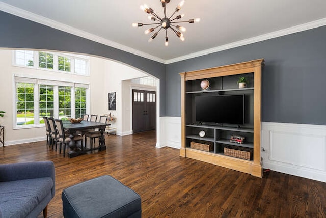 3527 Scottsdale Cir, Naperville, IL 60564 - living area featuring a chandelier, arched walkways, wood finished floors, crown molding, and wainscoting