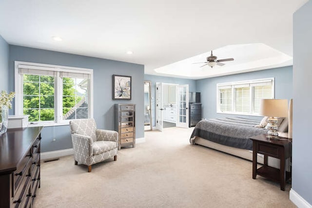 3527 Scottsdale Cir, Naperville, IL 60564 - bedroom featuring light carpet, recessed lighting, a ceiling fan, and a tray ceiling