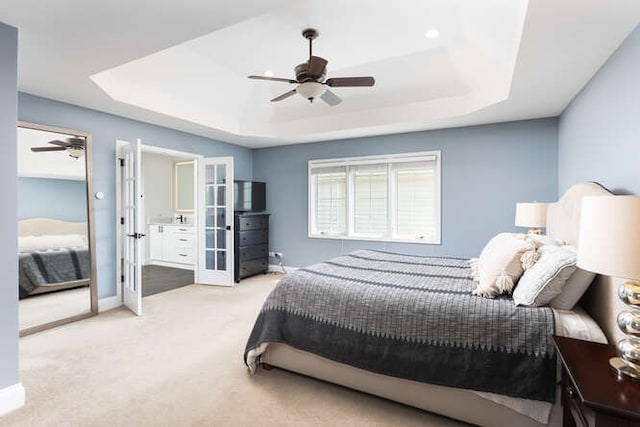 3527 Scottsdale Cir, Naperville, IL 60564 - bedroom featuring a raised ceiling, carpet, french doors, a ceiling fan, and ensuite bath
