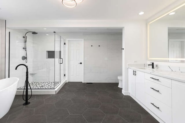 3527 Scottsdale Cir, Naperville, IL 60564 - bathroom with vanity, a shower stall, a freestanding bath, recessed lighting, and tile patterned floors