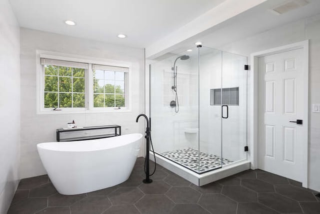 3527 Scottsdale Cir, Naperville, IL 60564 - bathroom featuring a freestanding tub, a shower stall, recessed lighting, and tile patterned floors