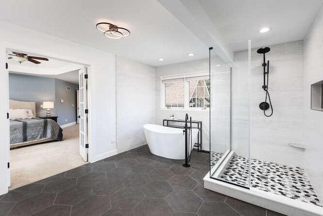 3527 Scottsdale Cir, Naperville, IL 60564 - ensuite bathroom featuring a soaking tub, a shower stall, ceiling fan, recessed lighting, and tile patterned floors