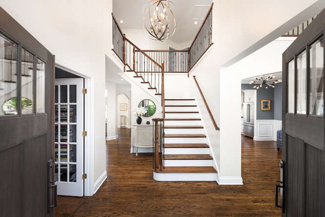 3527 Scottsdale Cir, Naperville, IL 60564 - foyer entrance with a chandelier, stairs, a towering ceiling, and wood finished floors