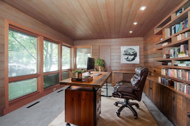 1020 S Knight Ave, Park Ridge, IL 60068 - office area featuring light colored carpet, recessed lighting, wood ceiling, and wooden walls