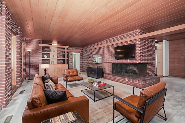 1020 S Knight Ave, Park Ridge, IL 60068 - living area with wood ceiling, concrete floors, brick wall, and a brick fireplace