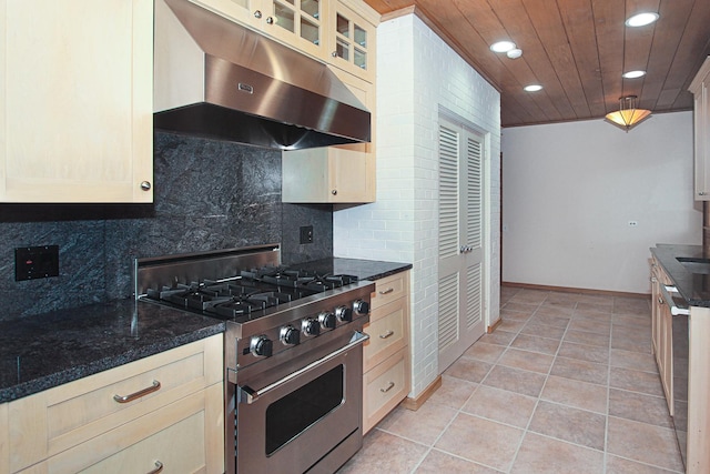 1020 S Knight Ave, Park Ridge, IL 60068 - kitchen featuring stainless steel stove, under cabinet range hood, tasteful backsplash, recessed lighting, and light tile patterned flooring