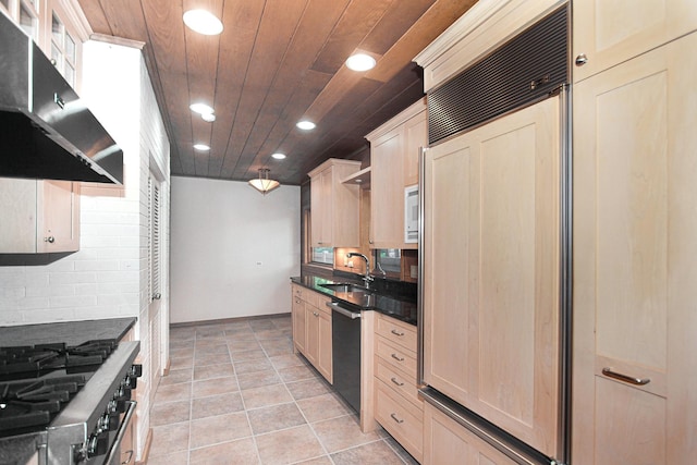 1020 S Knight Ave, Park Ridge, IL 60068 - kitchen with under cabinet range hood, built in appliances, recessed lighting, wood ceiling, and backsplash