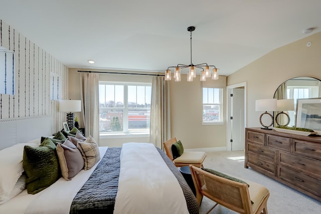 1060 E Oakton St, Des Plaines, IL 60018 - bedroom featuring a chandelier, light carpet, and vaulted ceiling