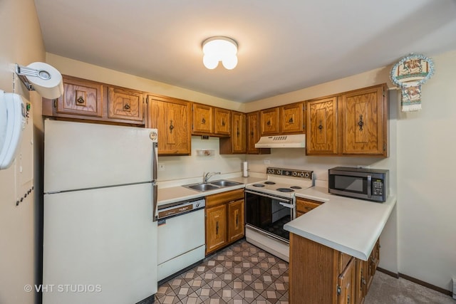 4436 Arbor Cir Unit 4, Downers Grove, IL 60515 - kitchen featuring white appliances, under cabinet range hood, a peninsula, and brown cabinets