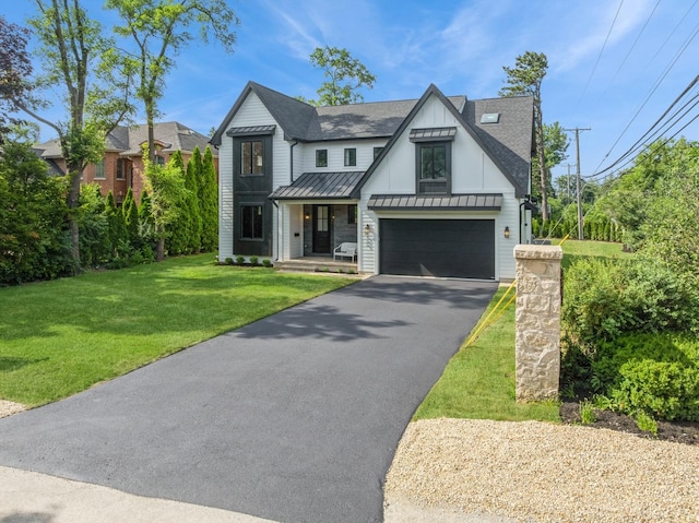 900 Pleasant Ln, Glenview, IL 60025 - modern farmhouse with a standing seam roof, asphalt driveway, a metal roof, a front lawn, and roof with shingles
