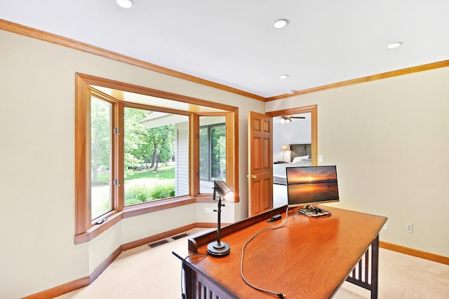 24 Robin Crest Rd, Hawthorn Woods, IL 60047 - office with light carpet, crown molding, recessed lighting, and ceiling fan