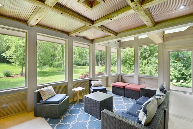 24 Robin Crest Rd, Hawthorn Woods, IL 60047 - sunroom with beamed ceiling, coffered ceiling, and an outdoor hangout area