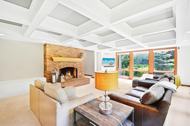 24 Robin Crest Rd, Hawthorn Woods, IL 60047 - living area featuring coffered ceiling, light carpet, beamed ceiling, a brick fireplace, and wainscoting