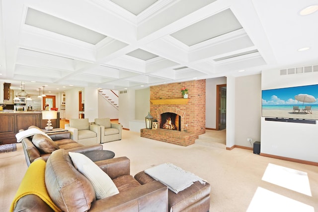 24 Robin Crest Rd, Hawthorn Woods, IL 60047 - living area with stairs, recessed lighting, beamed ceiling, light colored carpet, and coffered ceiling