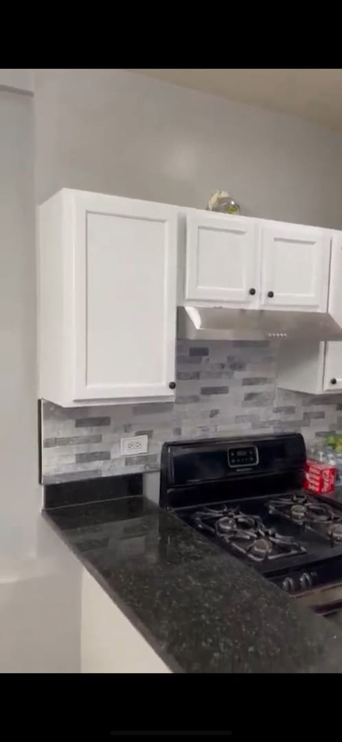 4226 W Ogden, Chicago, IL 60623 - kitchen featuring range with gas cooktop, under cabinet range hood, white cabinets, and tasteful backsplash