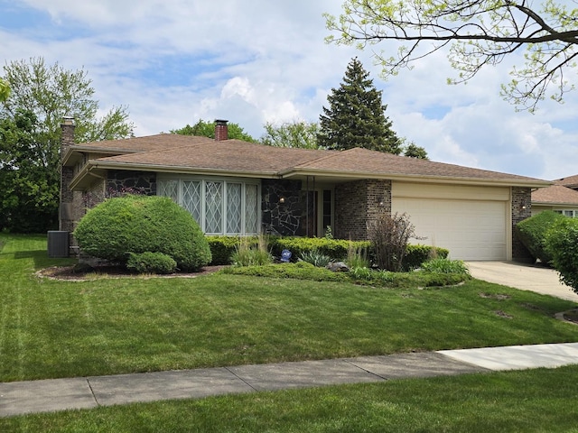 7725 Sawyer Rd, Darien, IL 60561 - ranch-style house with a chimney, an attached garage, driveway, and a front lawn