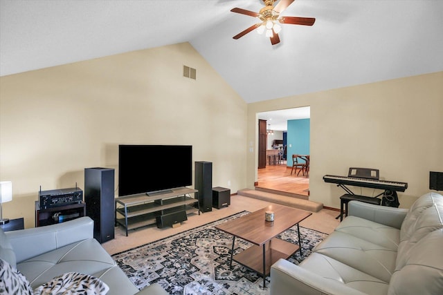 3204 Fawn Hill Ct, Urbana, IL 61802 - living room with light carpet, a ceiling fan, and high vaulted ceiling