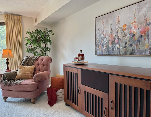 825 Pearson St Unit 3A, Des Plaines, IL 60016 - sitting room with light carpet, a textured ceiling, and a bar