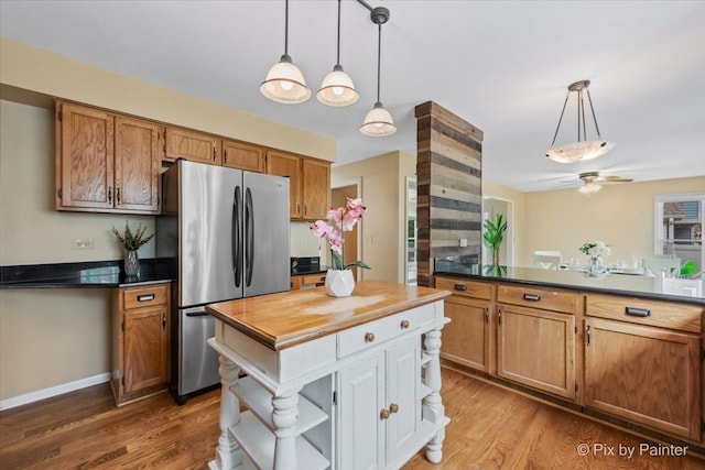 200 Ambria Dr, Mundelein, IL 60060 - kitchen featuring freestanding refrigerator, open shelves, wood finished floors, ceiling fan, and decorative light fixtures