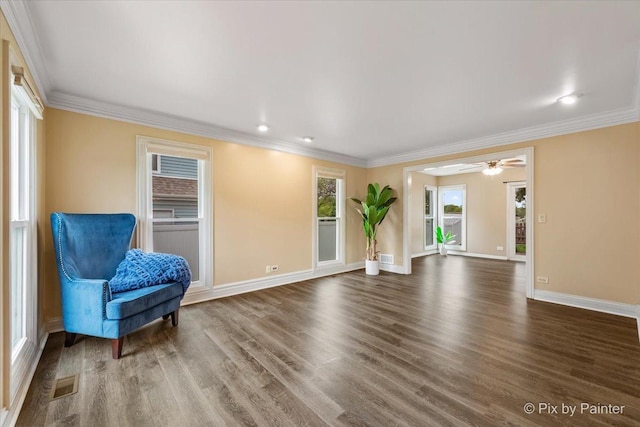 200 Ambria Dr, Mundelein, IL 60060 - sitting room featuring wood finished floors, crown molding, ceiling fan, and recessed lighting