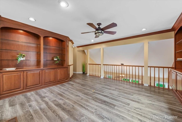 200 Ambria Dr, Mundelein, IL 60060 - unfurnished living room with ceiling fan, wood finished floors, recessed lighting, and crown molding