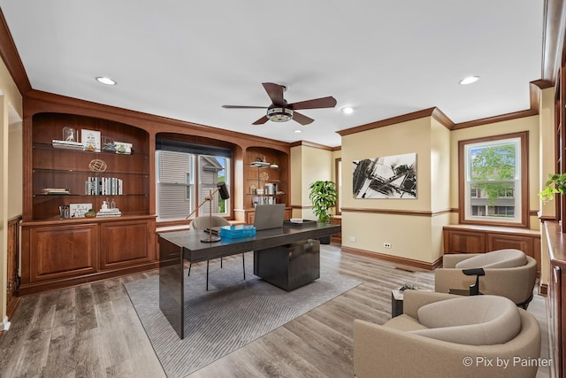 200 Ambria Dr, Mundelein, IL 60060 - office area featuring ceiling fan, wood finished floors, ornamental molding, and recessed lighting