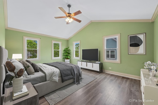 200 Ambria Dr, Mundelein, IL 60060 - bedroom featuring wood finished floors, multiple windows, vaulted ceiling, ornamental molding, and a ceiling fan