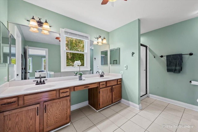 200 Ambria Dr, Mundelein, IL 60060 - bathroom with double vanity, a stall shower, tile patterned flooring, a ceiling fan, and a chandelier