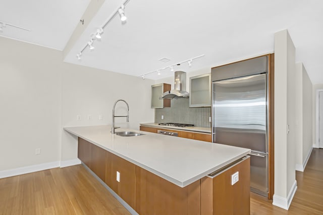 340 E Randolph St Unit 404, Chicago, IL 60601 - kitchen with stainless steel appliances, exhaust hood, rail lighting, light wood-style flooring, and tasteful backsplash