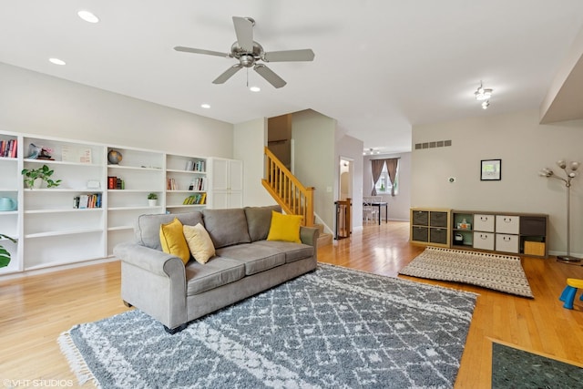 5414 S Greenwood Ave Unit 2, Chicago, IL 60615 - living area with stairway, wood finished floors, a ceiling fan, and recessed lighting