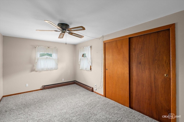 92 Maple St, Sugar Grove, IL 60554 - unfurnished bedroom with carpet floors, baseboard heating, a closet, and ceiling fan