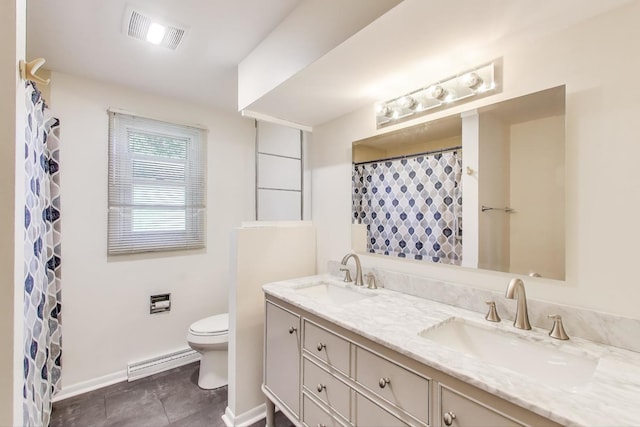 76 Brook Ln, Lindenhurst, IL 60046 - bathroom with a baseboard radiator, double vanity, tile patterned flooring, and curtained shower