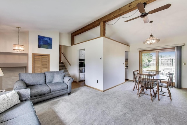 76 Brook Ln, Lindenhurst, IL 60046 - living area with a chandelier, carpet floors, stairs, ceiling fan, and beamed ceiling