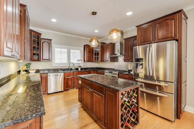 1206 Lathrop Ave, River Forest, IL 60305 - kitchen with appliances with stainless steel finishes, glass insert cabinets, crown molding, hanging light fixtures, and light wood-style floors
