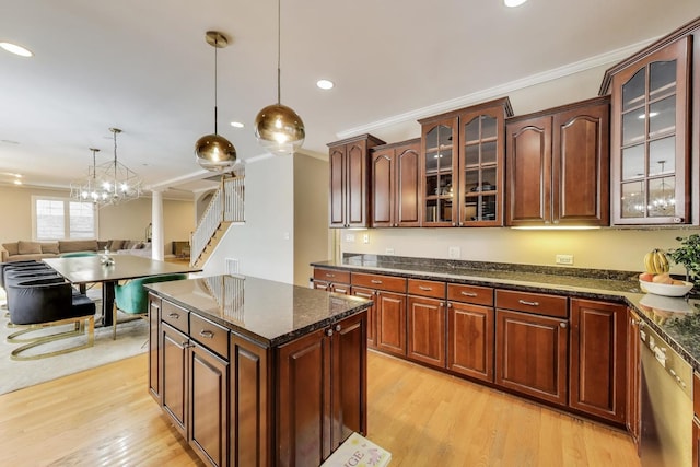 1206 Lathrop Ave, River Forest, IL 60305 - kitchen featuring crown molding, light wood-style flooring, stainless steel dishwasher, hanging light fixtures, and a chandelier