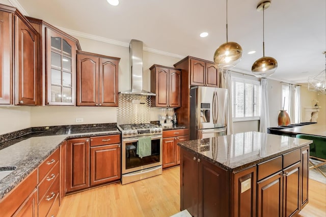 1206 Lathrop Ave, River Forest, IL 60305 - kitchen with stainless steel appliances, wall chimney exhaust hood, light wood-type flooring, glass insert cabinets, and dark stone counters