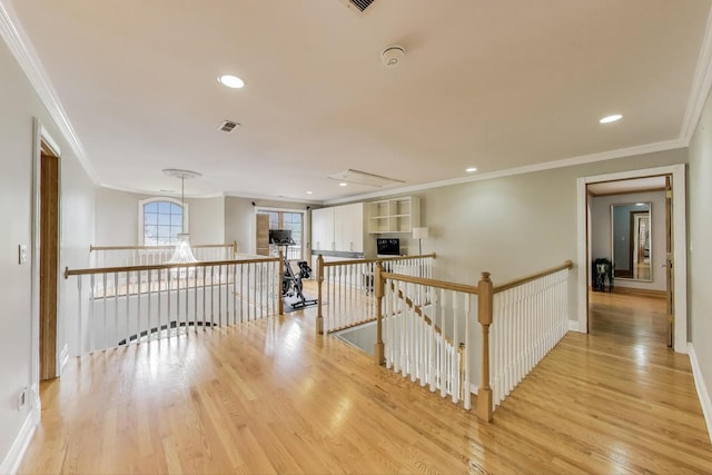 1206 Lathrop Ave, River Forest, IL 60305 - corridor featuring an upstairs landing, attic access, crown molding, light wood finished floors, and recessed lighting
