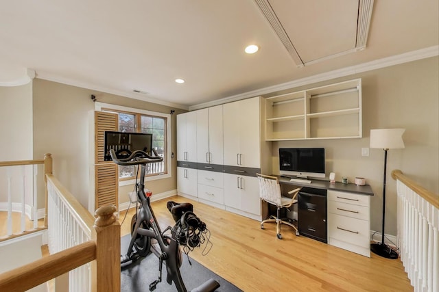 1206 Lathrop Ave, River Forest, IL 60305 - office featuring crown molding, attic access, light wood-style flooring, and recessed lighting