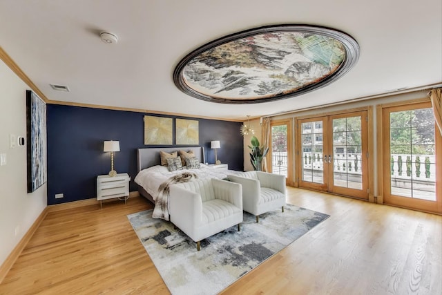 1206 Lathrop Ave, River Forest, IL 60305 - bedroom featuring french doors, multiple windows, crown molding, access to exterior, and light wood finished floors